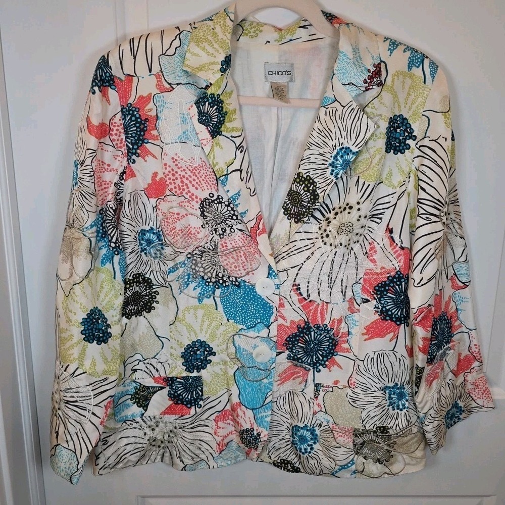 CHICOS Landry Blazer Women's Sz Med‎ 100% Silk Floral Embroidered Artsy Boho